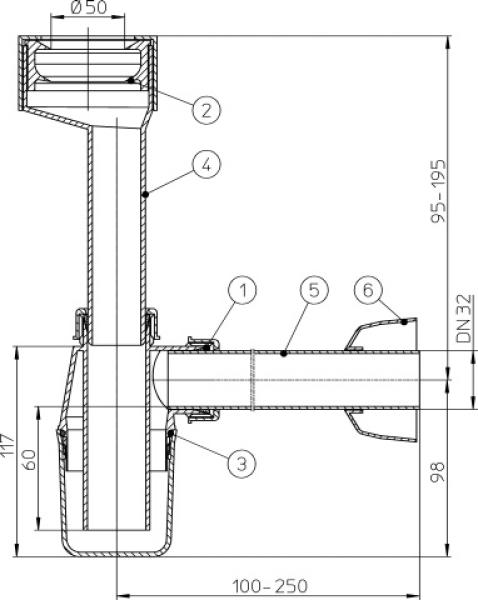 Urinalsiphon DN32 mit Anschlussmanschette und Rosette HL130/30